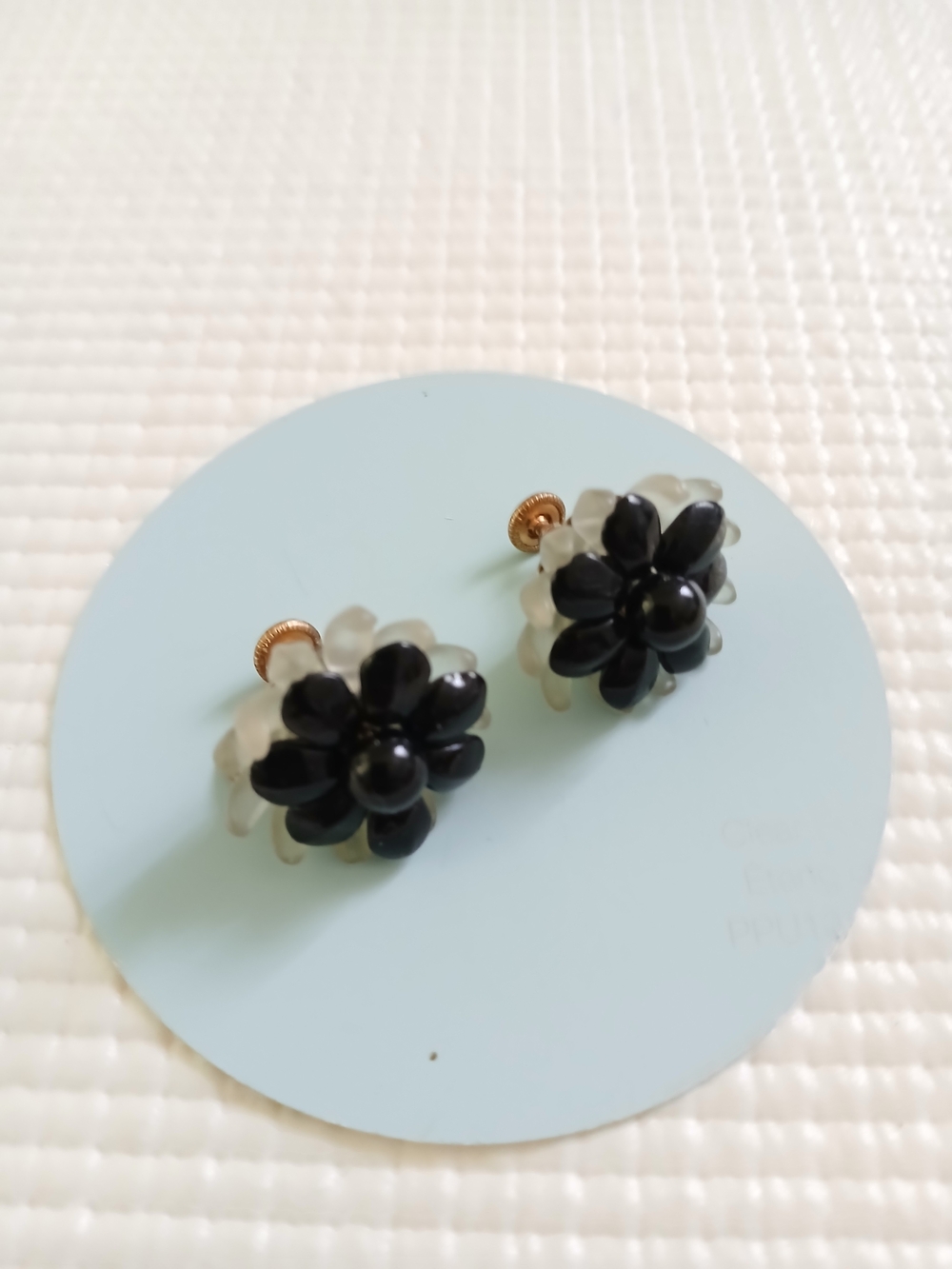 Vintage West Germany Jet Black/ Clear Glass Beaded Flower Screw Earrings,signed